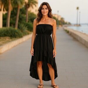 Annabelle | Strapless High Low Black Chiffon Evening Dress Size M Boho Chic‎